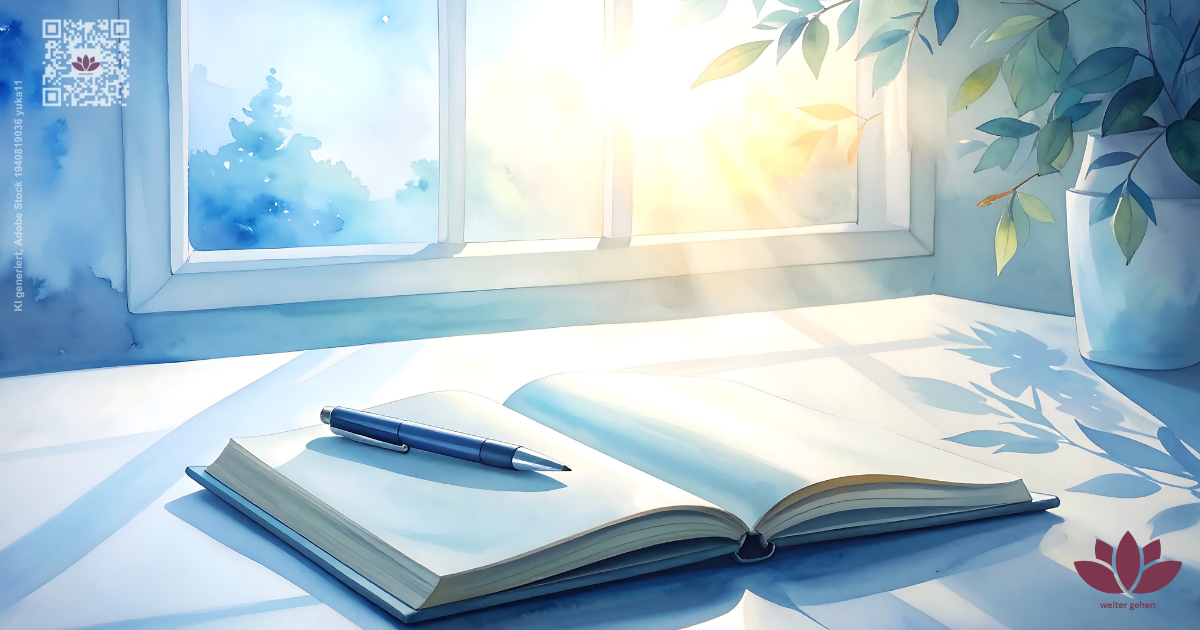 Offenes Notizbuch mit Stift auf einem Tisch am Fenster im warmen Sonnenlicht