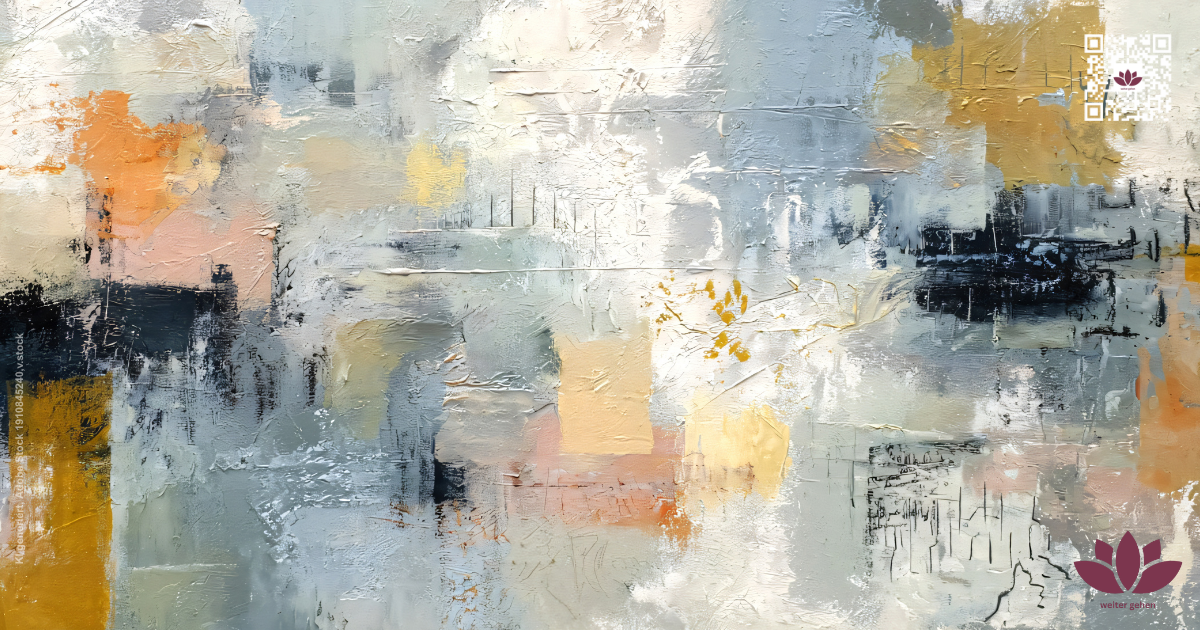 Abstraktes Gemälde mit strukturierten Farbflächen in Grau-, Blau- und warmen Tönen
