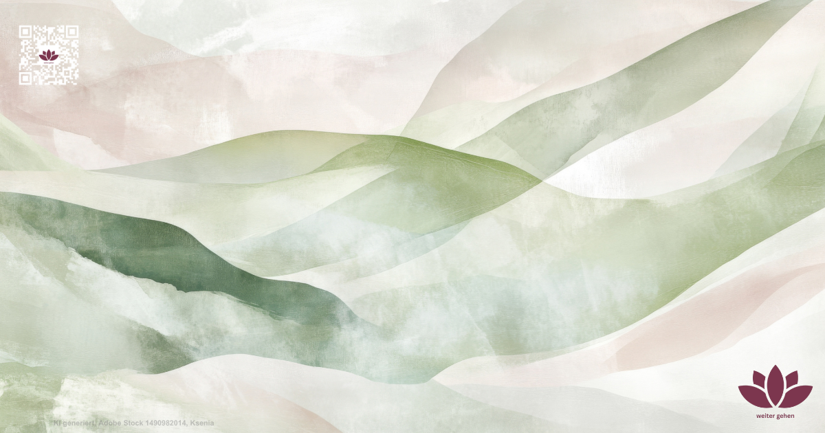 Abstrakte, fließende Formen in Grün- und Naturtönen, die Ruhe und Orientierung vermitteln