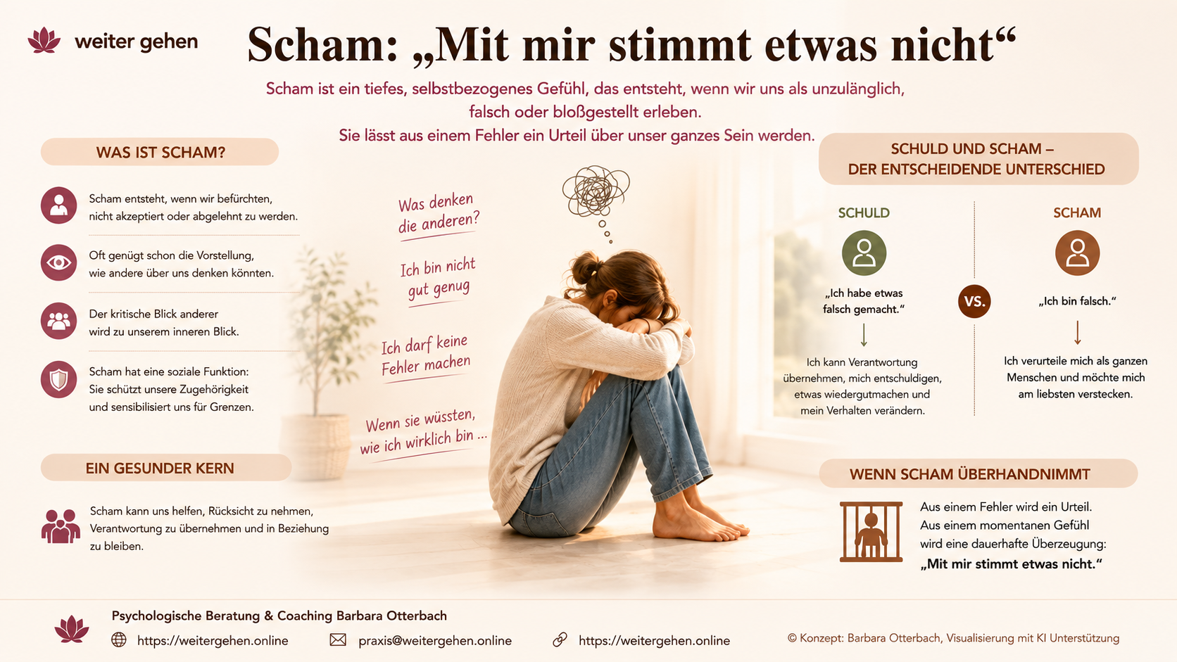 nfografik über Scham und den Unterschied zwischen Schuld und Scham. Sie zeigt, wie aus dem Gefühl „Ich habe etwas falsch gemacht“ die belastende Überzeugung „Mit mir stimmt etwas nicht“ entstehen kann.