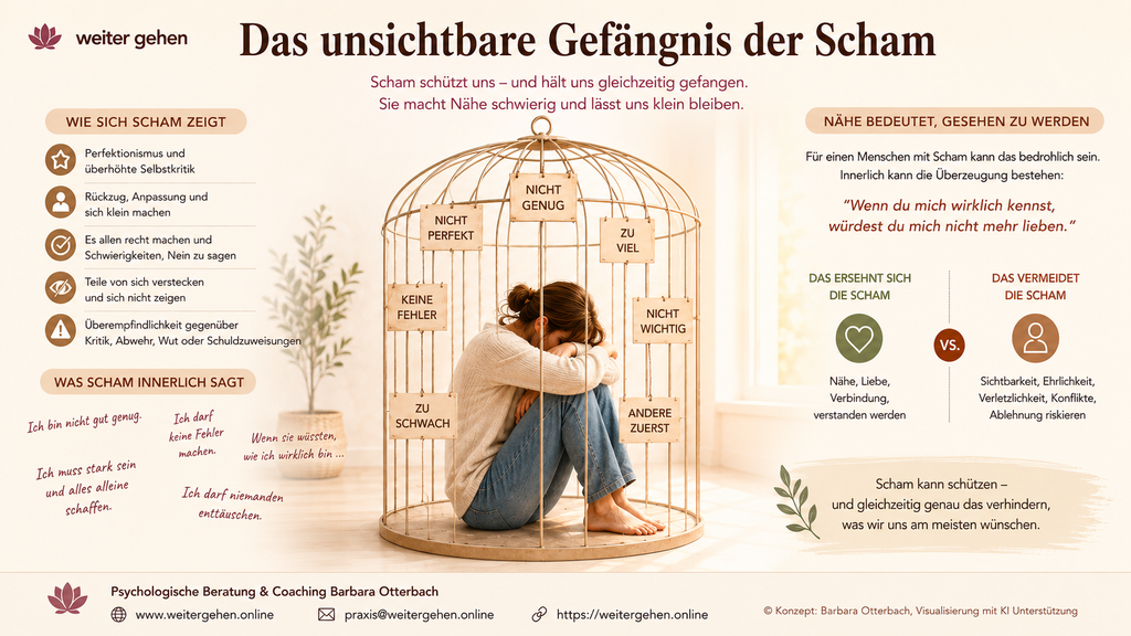 Infografik zum unsichtbaren Gefängnis der Scham. Eine Frau sitzt symbolisch in einem Käfig aus inneren Überzeugungen wie „nicht gut genug“, „nicht perfekt“ und „zu schwach“. Das Bild zeigt den Konflikt zwischen dem Wunsch nach Nähe und der Angst, wirklich gesehen zu werden.
