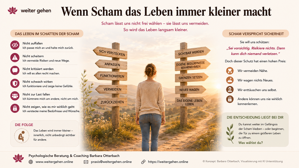 Infografik darüber, wie Scham das Leben zunehmend einschränken kann. Eine Frau steht zwischen Wegweisern für Vermeidung und Anpassung auf der einen sowie Sichtbarkeit, eigene Bedürfnisse, Grenzen und das eigene Leben auf der anderen Seite.