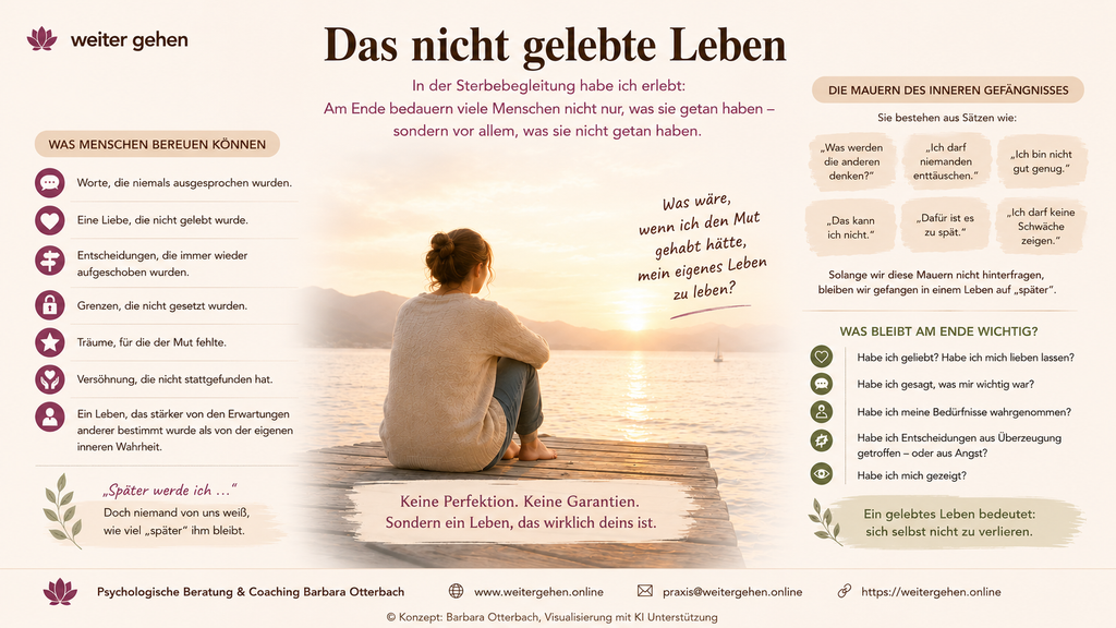 Infografik zum nicht gelebten Leben und zu Erfahrungen aus der Sterbebegleitung. Eine Frau sitzt nachdenklich an einem See im Abendlicht. Thematisiert werden aufgeschobene Entscheidungen, unausgesprochene Worte, nicht gesetzte Grenzen und die Frage, ob wir unser eigenes Leben leben.