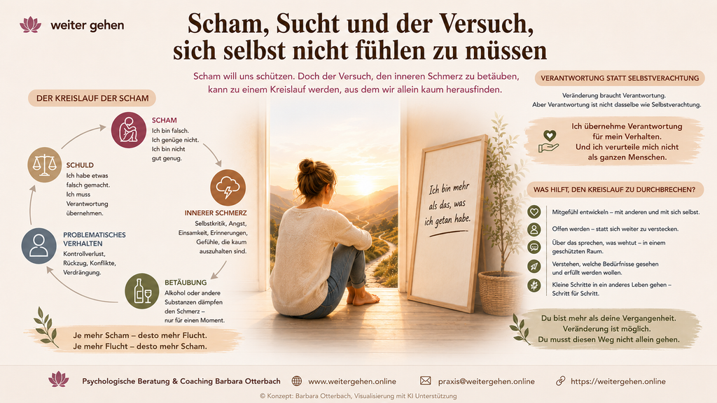 nfografik über den Zusammenhang von Scham, innerem Schmerz und Sucht. Sie zeigt den Kreislauf aus Scham, Betäubung, problematischem Verhalten und Schuld sowie den Weg zu Verantwortung und Selbstmitgefühl.