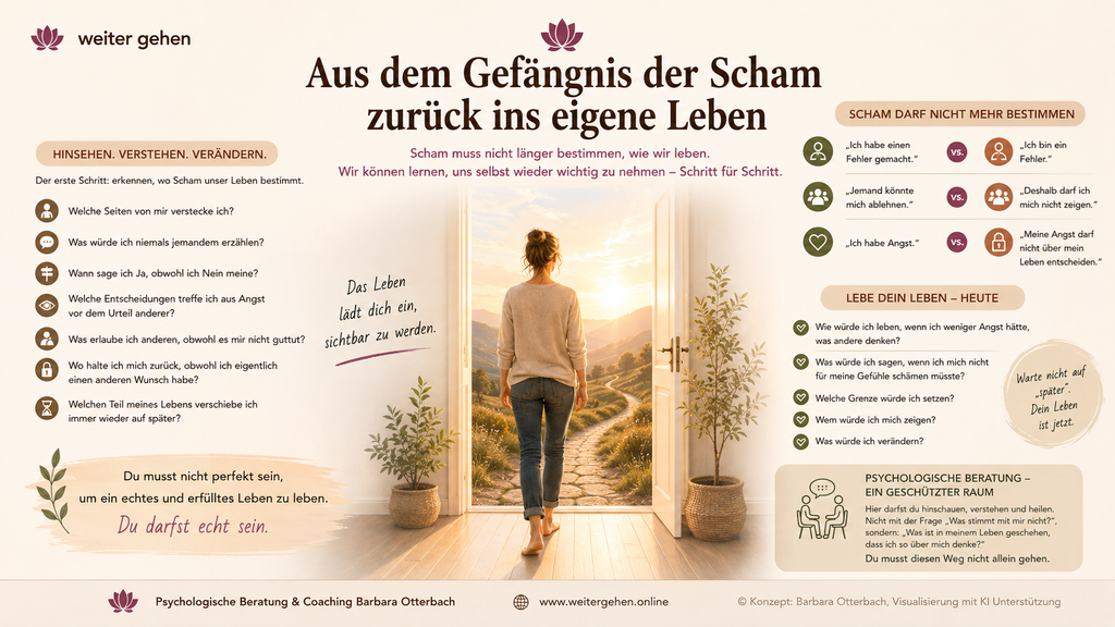 Infografik über den Weg aus der Scham zurück ins eigene Leben. Eine Frau geht durch eine offene Tür ins Licht. Reflexionsfragen zeigen, wie Selbstannahme, Grenzen, Sichtbarkeit und bewusste Entscheidungen helfen können, Scham nicht länger das Leben bestimmen zu lassen.