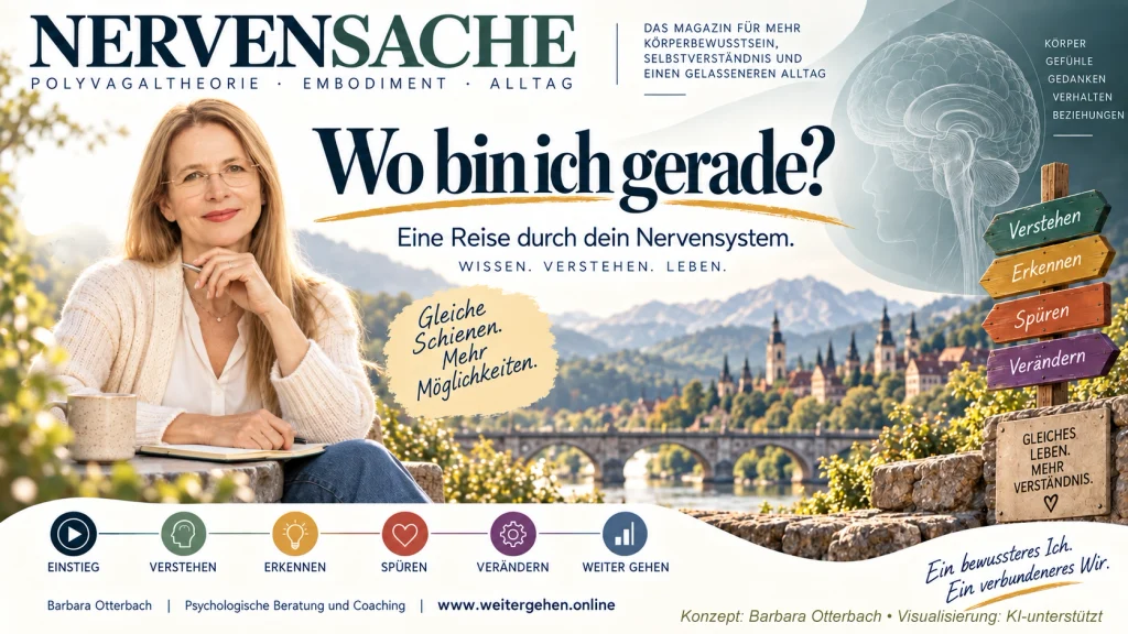 Titelbild ‚NERVENSACHE – Wo bin ich gerade?‘ mit Barbara Otterbach und Darstellung des Nervensystems.
